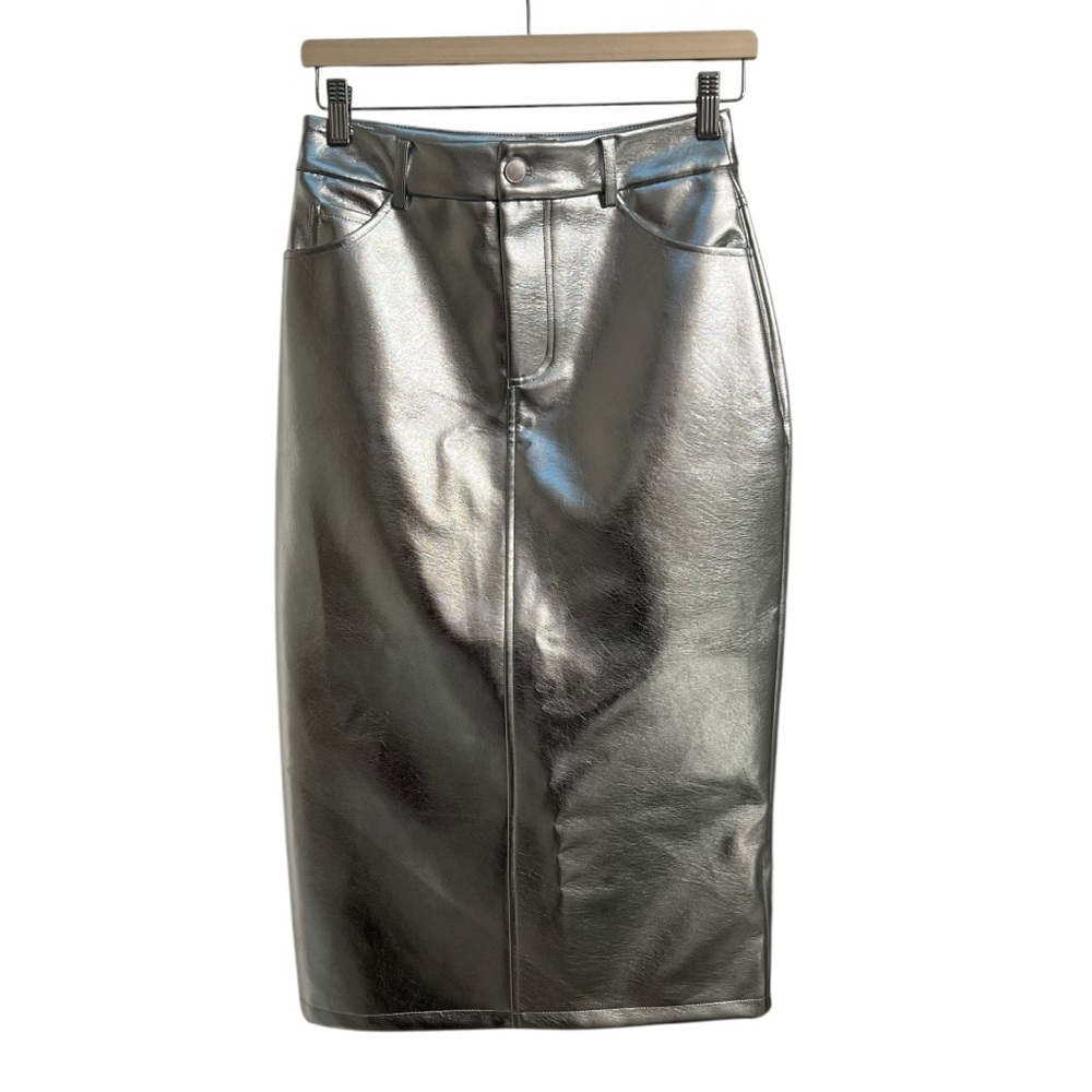 NWOT AVEC LES FILLES Metallic Faux Leather Midi Skirt SZ S - Picture 2 of 7